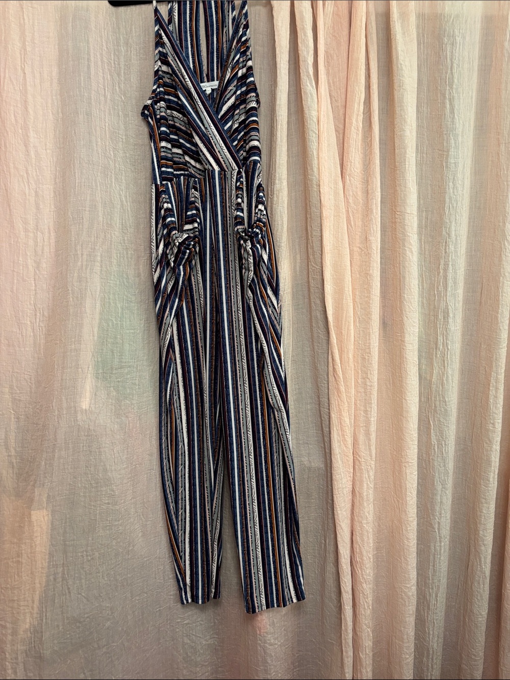 BCBGeneration Navy, White & Brown Striped Sleeveless Jumpsuit